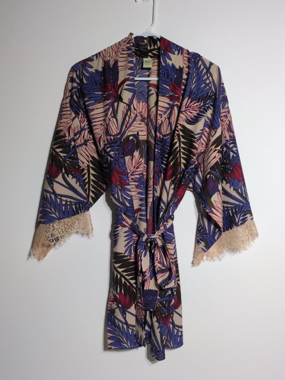 Japna Lounge Kimono Cardigan Womens Size Medium Tropical Leaves Lace 3/4 Sleeve